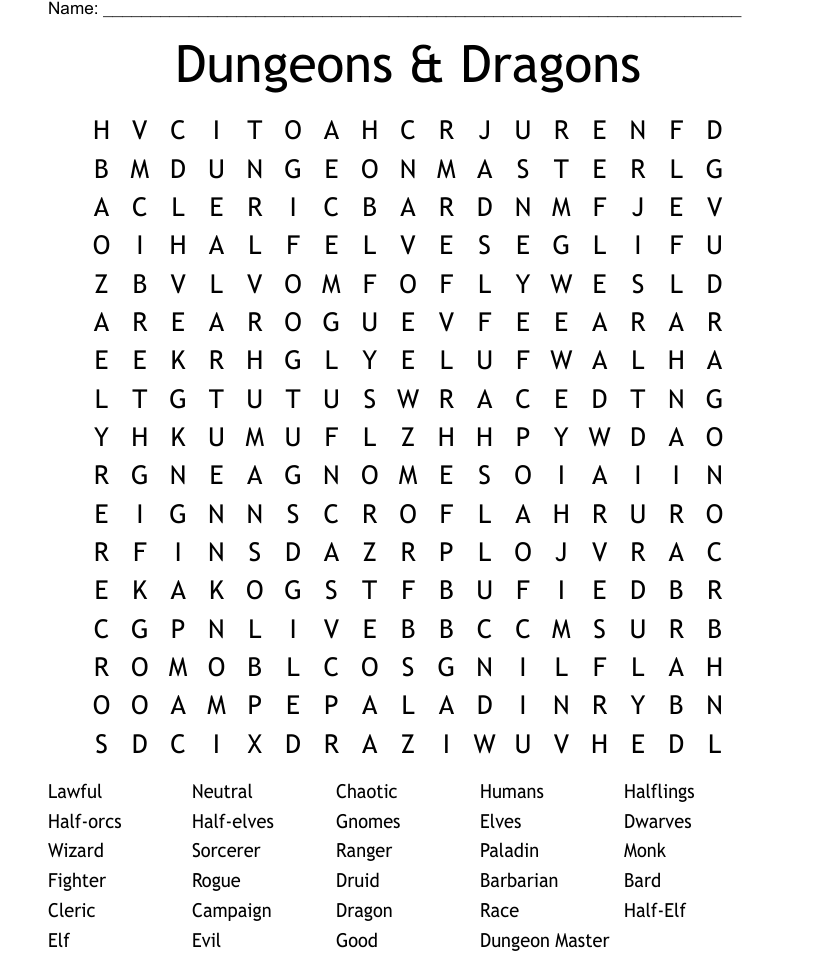 Dungeon And Dragons Crossword Puzzles Printable