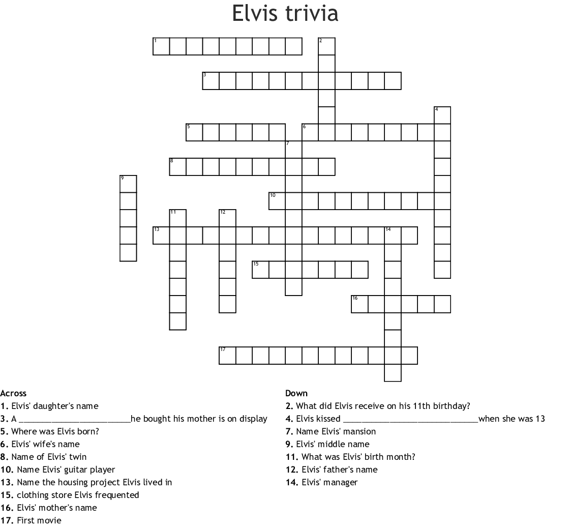 Elvis Presley Crossword Puzzle Printable