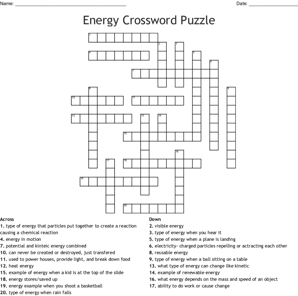 Energy Crossword Puzzle Answer Key Home School