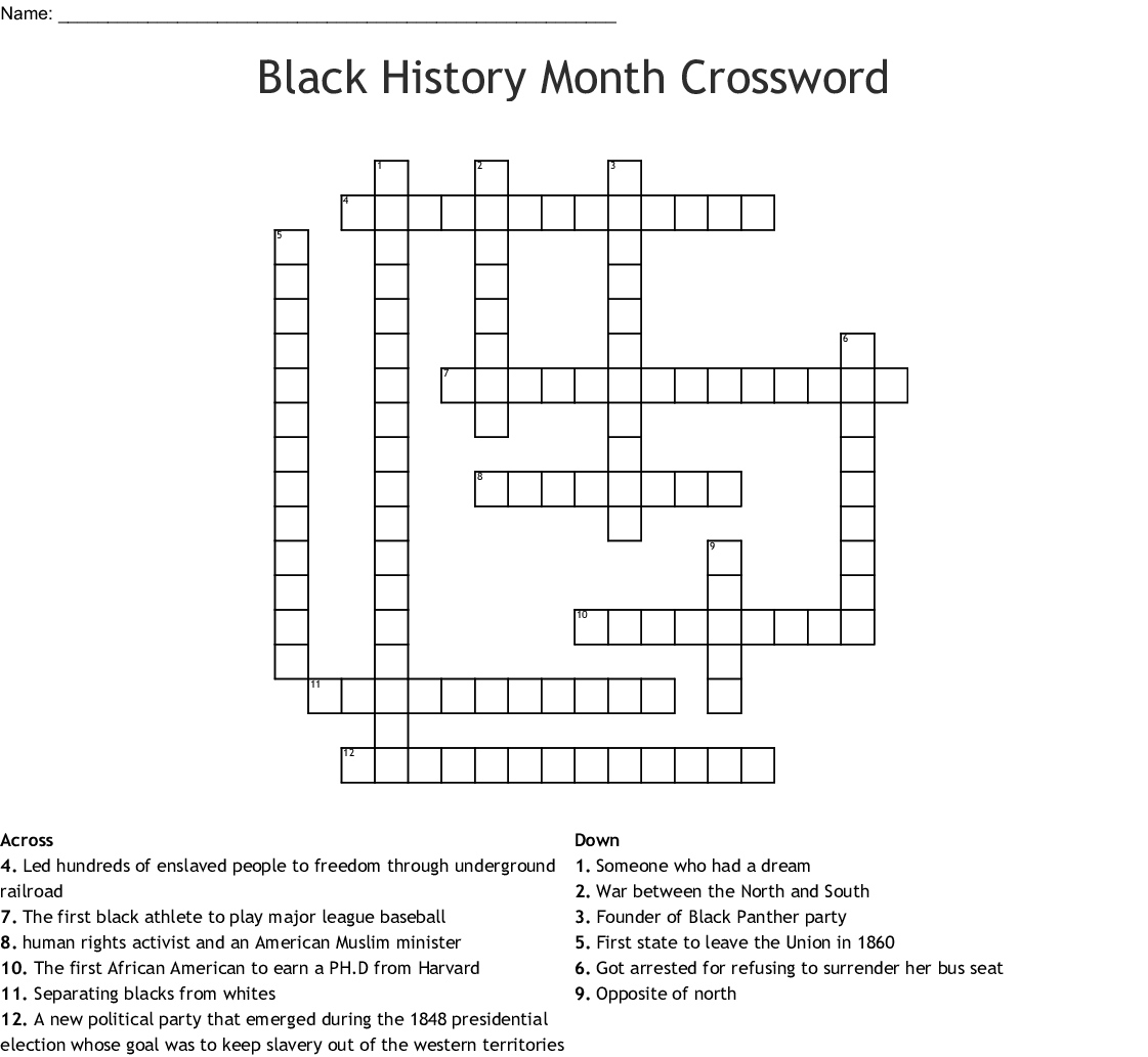 Black History Month Crossword Puzzle Printable For Kids