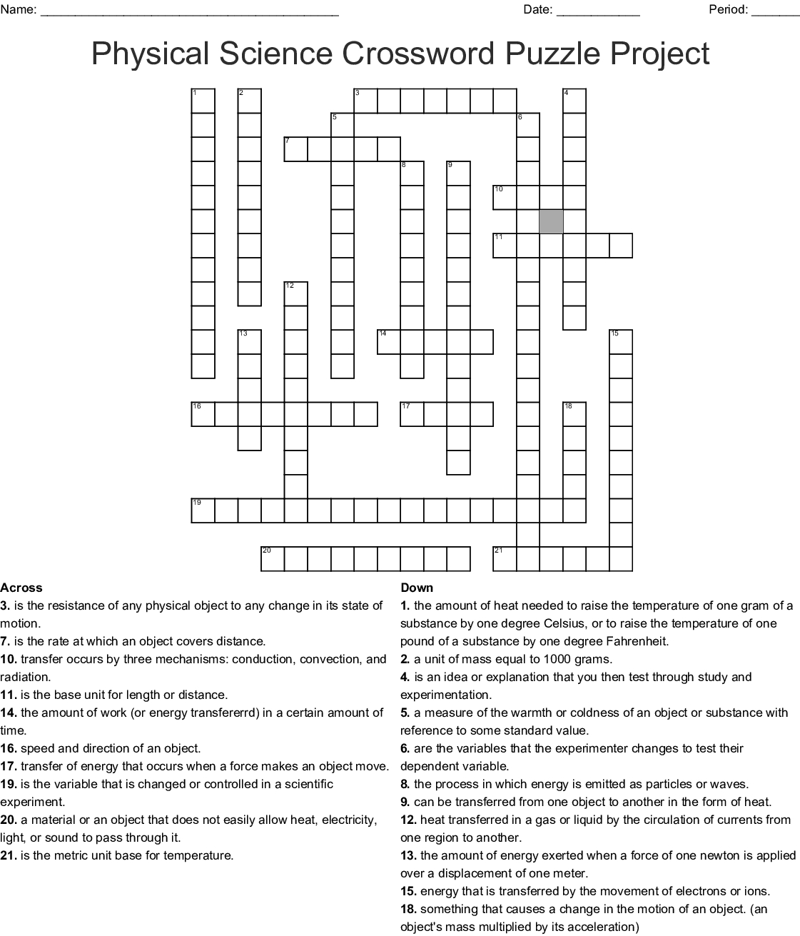 Free Crossword Physical Science Puzzle Printable