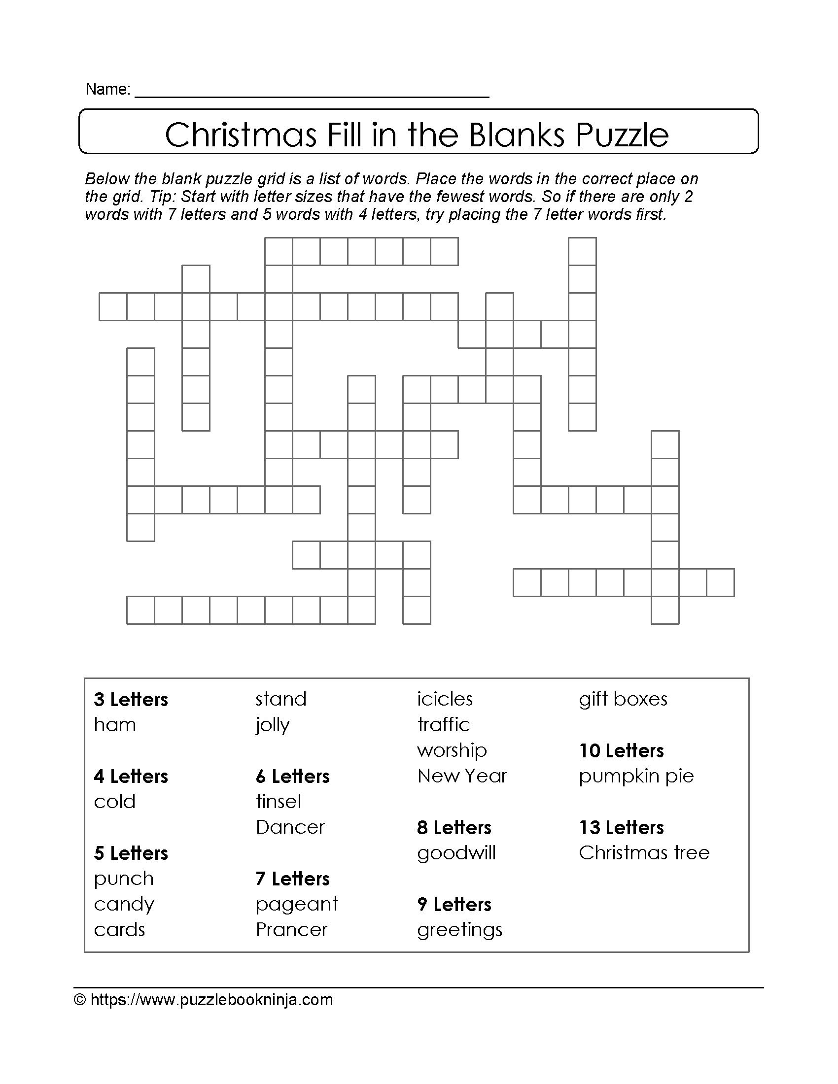 Printable Fill In The Blank Crossword Puzzles