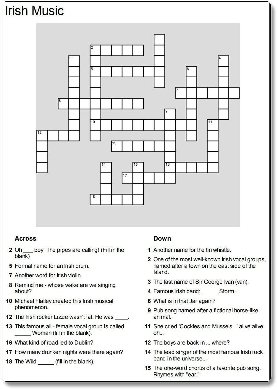 Printable Famous Musical Artist Crossword Puzzle Clue