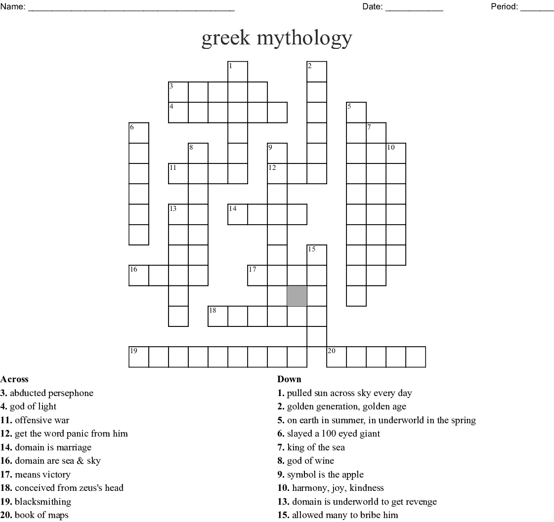 Greek Mythology Crossword Puzzle Printable