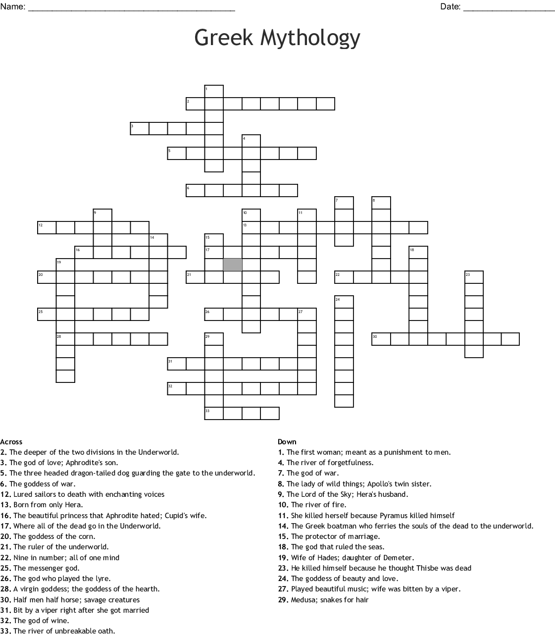 Greek Mythology Crossword Puzzle Printable