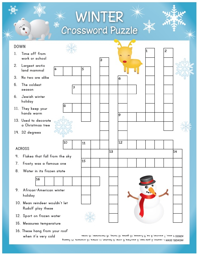 Winter Crossword Puzzle Pdf Printable
