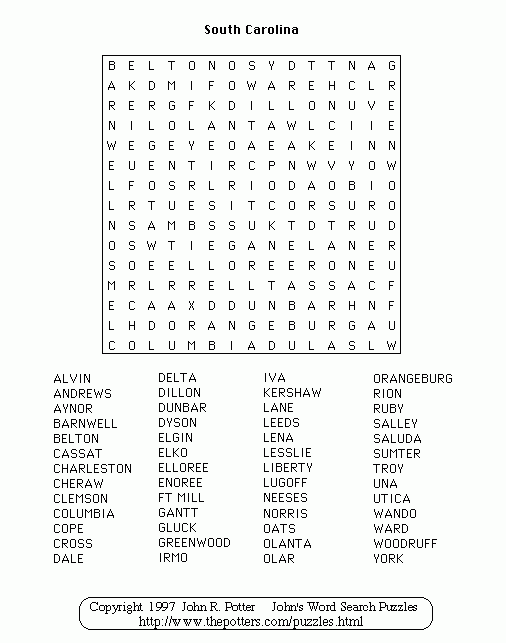 South Carolina Crossword Puzzle Printables