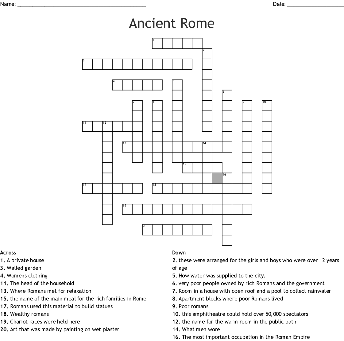 Answers To Crossword Puzzle Printable For Kids Ancient Rome
