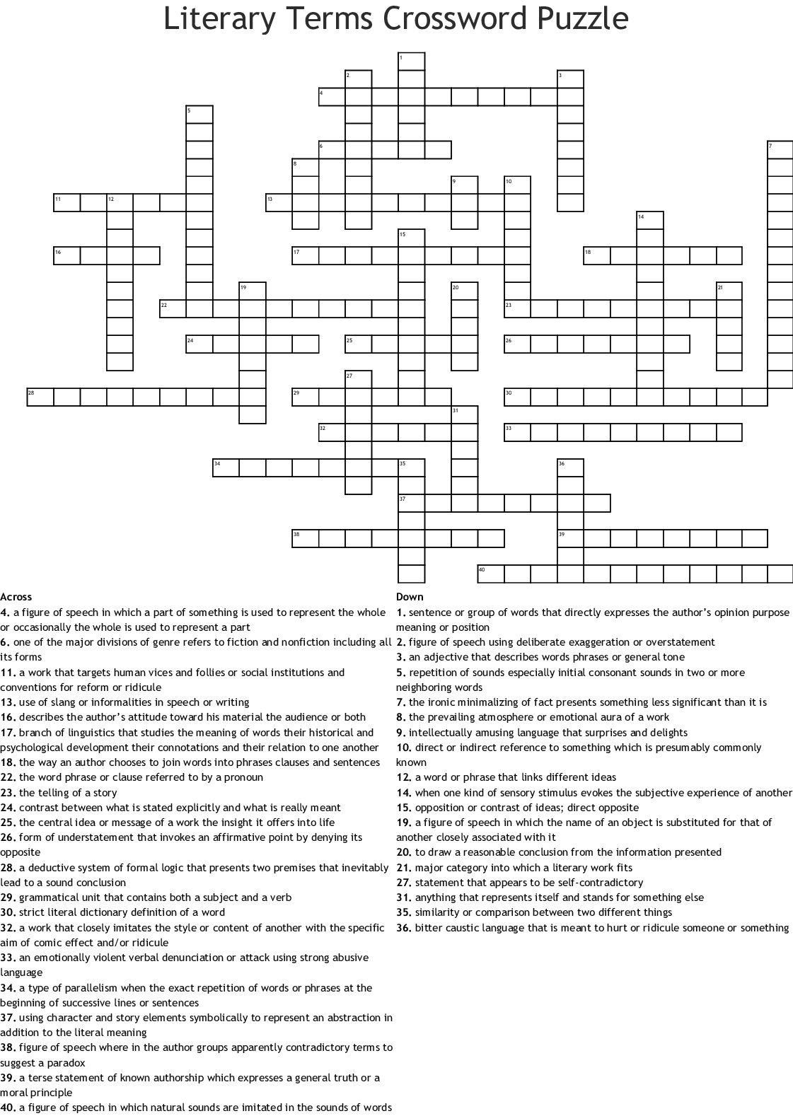 Poetry Terms Crossword Puzzle Printable