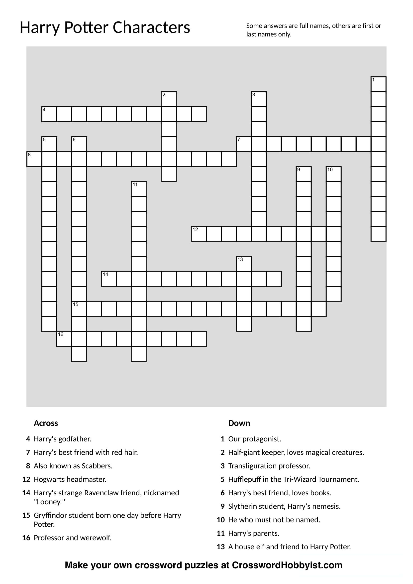 Crossword Puzzle Printable On Chacter