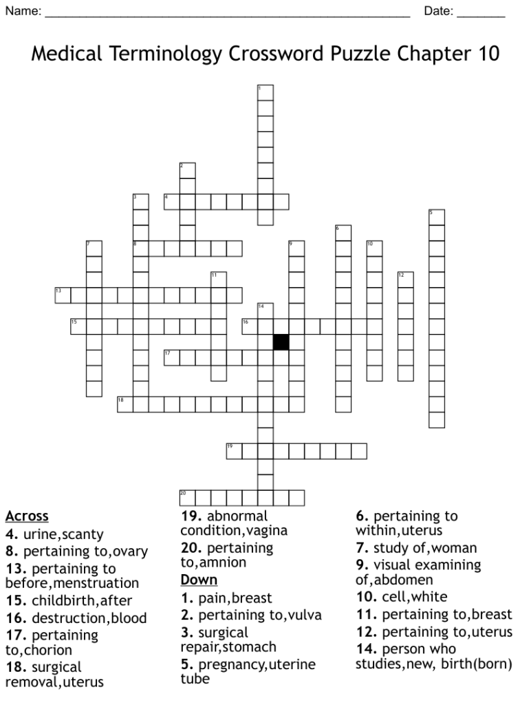 Medical Terminology Crossword Puzzle Chapter 10 WordMint