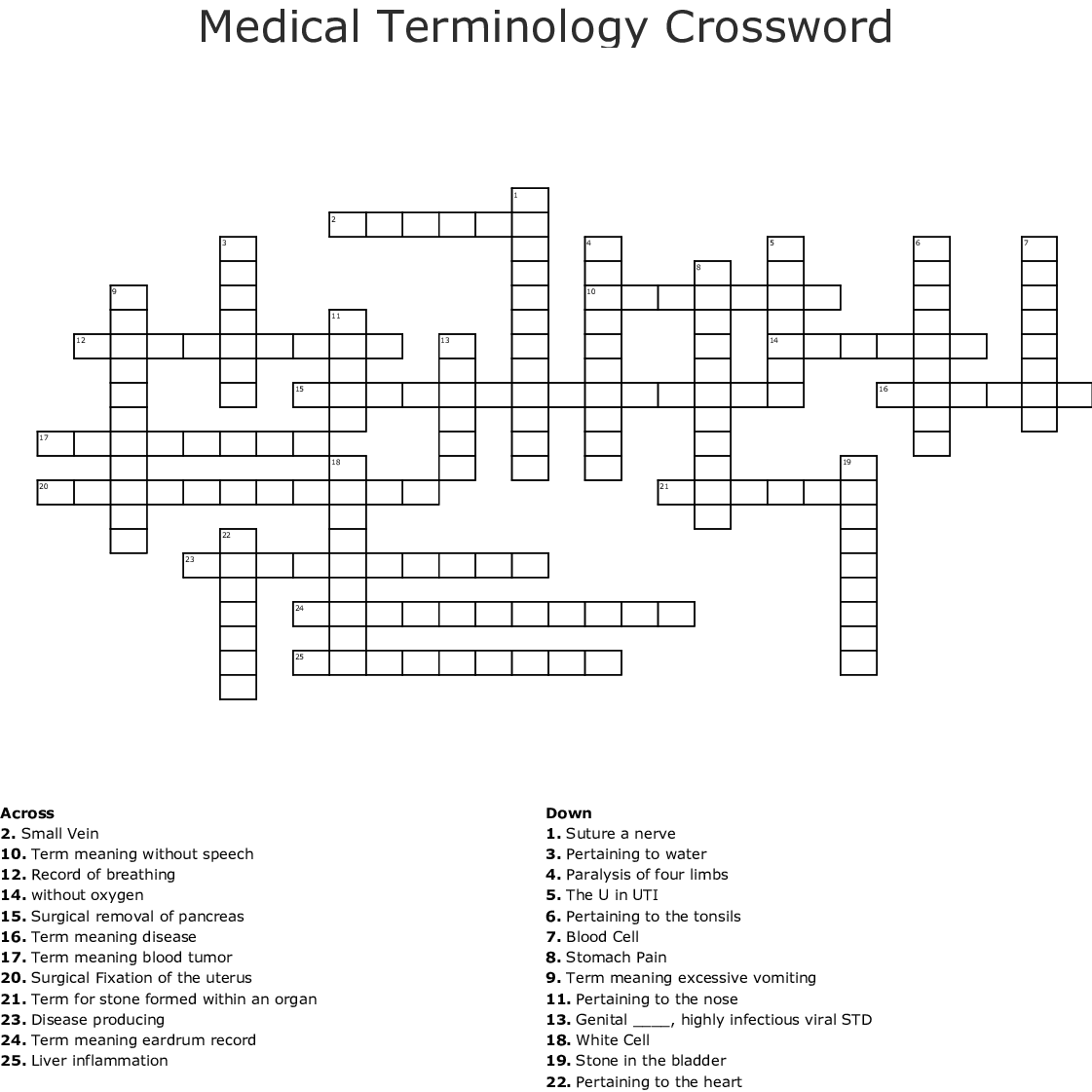Medical Terminology Crossword Puzzle Printable