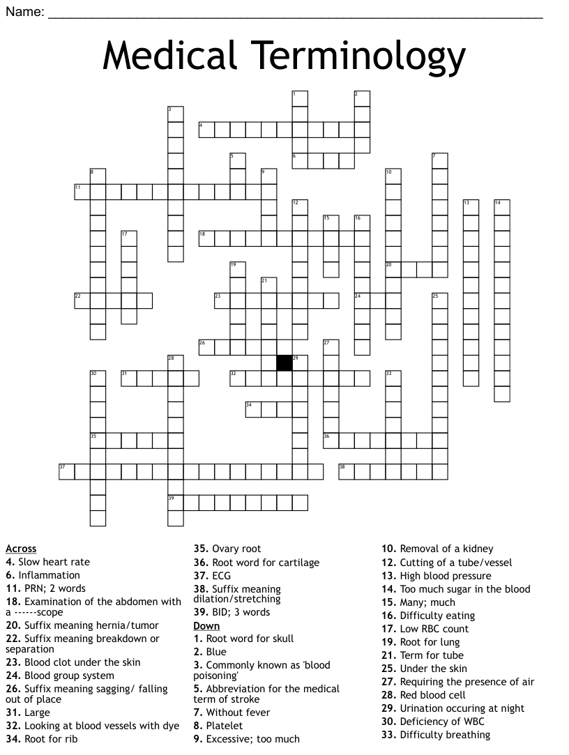 Medical Terminology Crossword Puzzle Printable