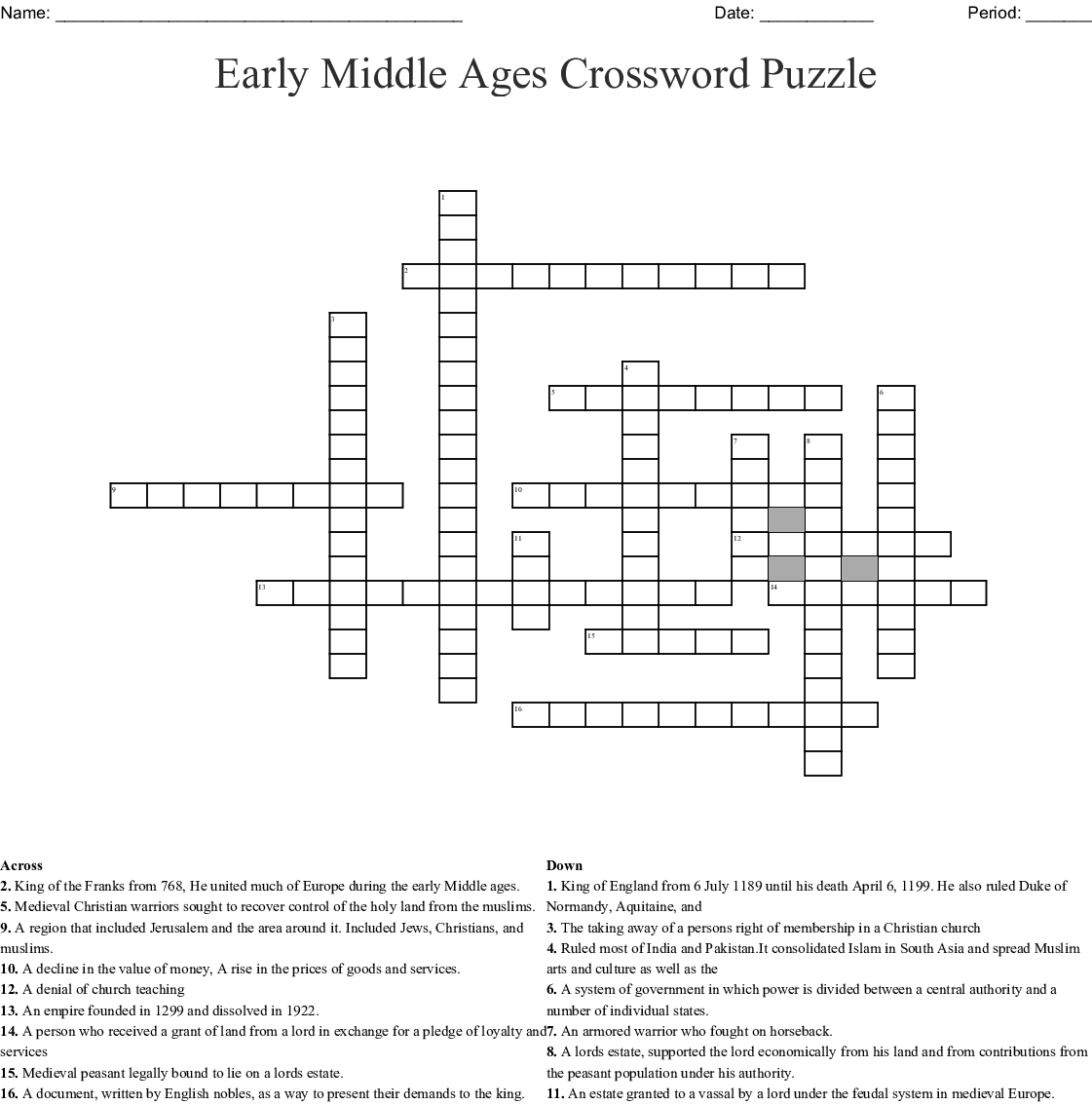Printable Middle Ages Crossword Puzzle