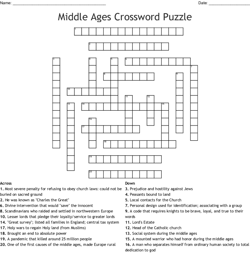 Middle Ages Crossword Puzzle WordMint