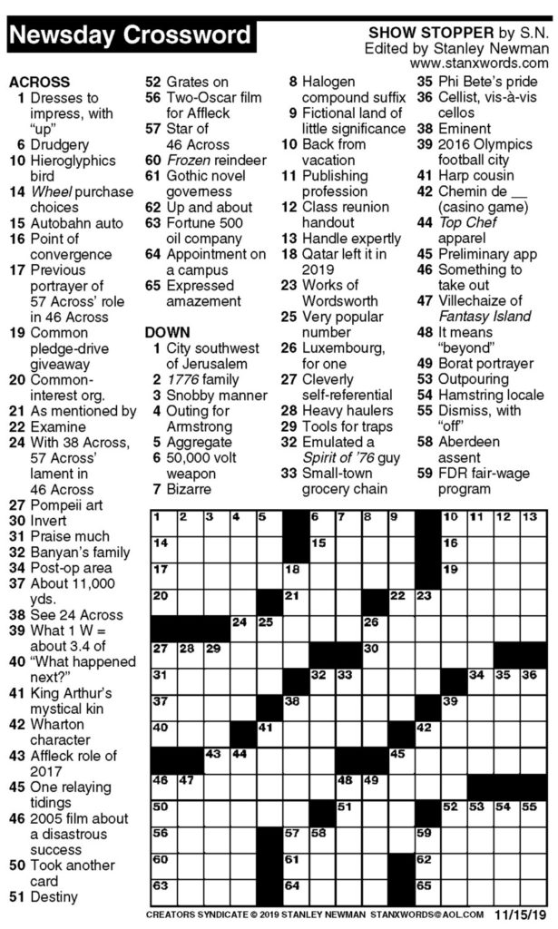 Newsday Crossword Puzzle For Nov 15 2019 By Stanley