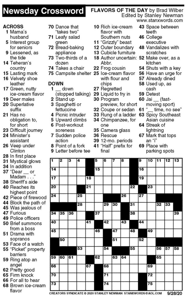 Newsday Crossword Puzzle For Sep 28 2020 By Stanley