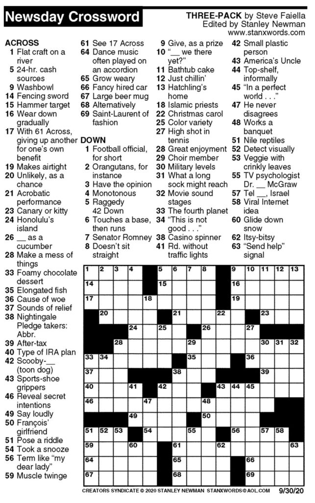 Newsday Crossword Puzzle For Sep 30 2020 By Stanley