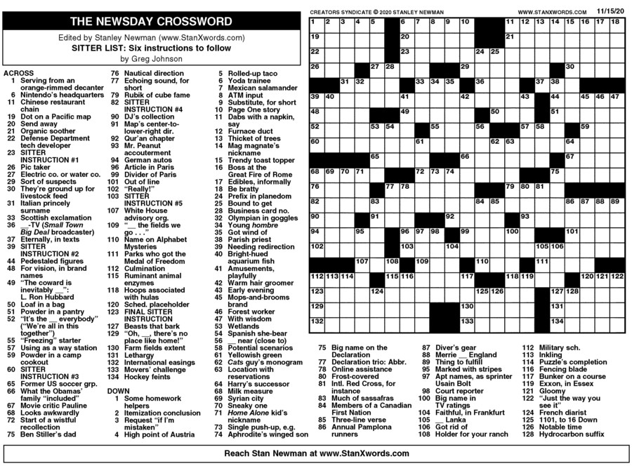 Newsday Crossword Sunday For Nov 15 2020 By Stanley