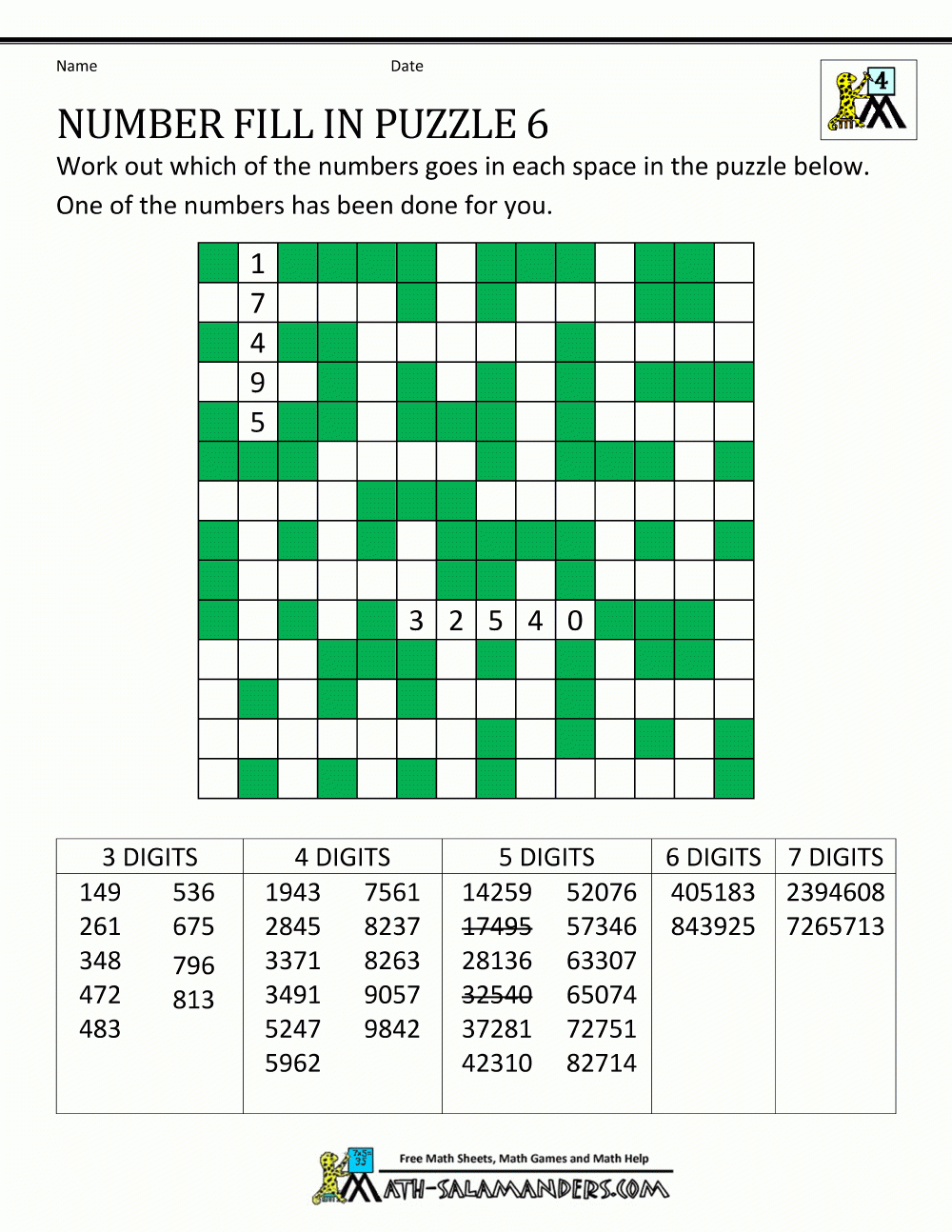 Printable Number Fill Ins Crossword Puzzles