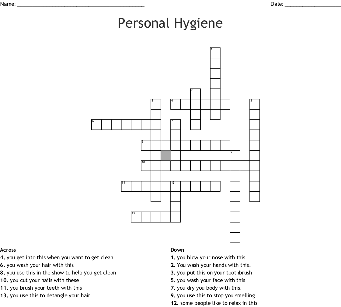 Printable Childrens Crossword Puzzles About Personal Hygiene