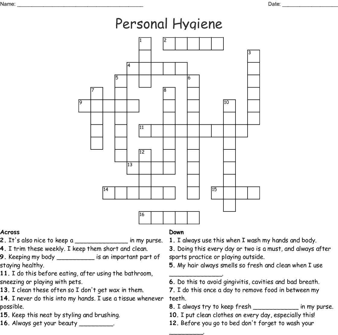 Printable Childrens Crossword Puzzles About Personal Hygiene