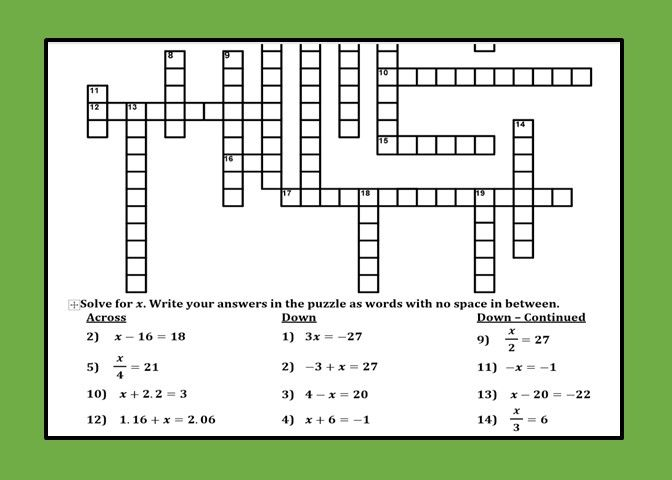 Printable Solving Equations Crossword Puzzle