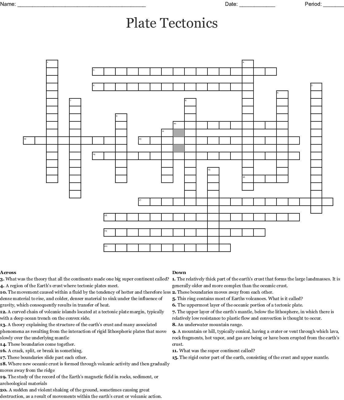 Printable Plate Tectonics Crossword Puzzle