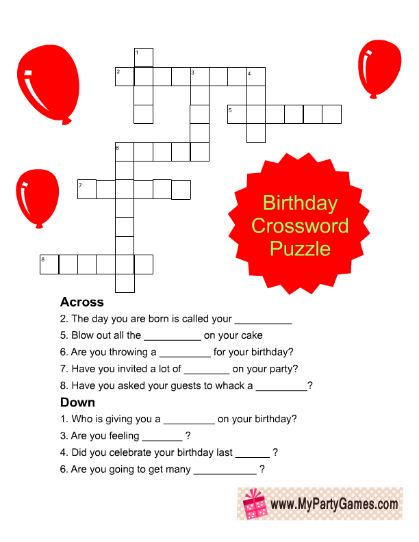 Printable Birthday Crossword Puzzle