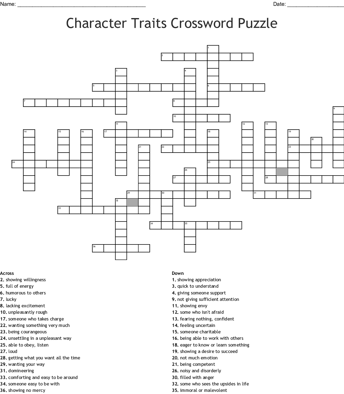 Printable Character Traits Crossword Puzzles