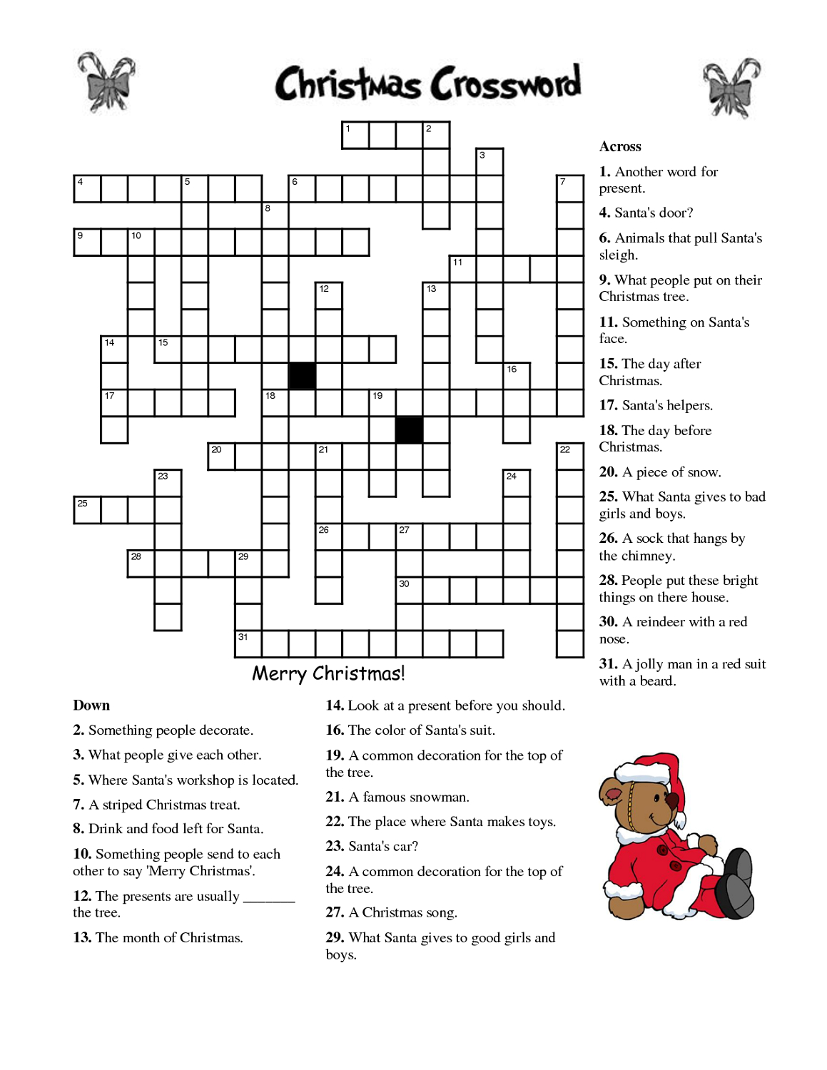 Printable Christmas Crossword Puzzles And Answers