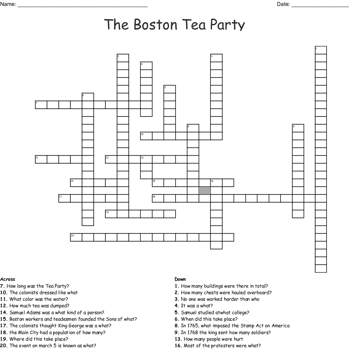 Boston Tea Party Crossword Puzzle Printable