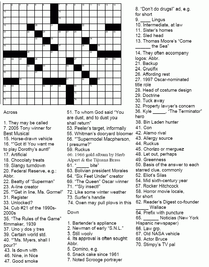 Names Of Movies Crossword Puzzles Printable