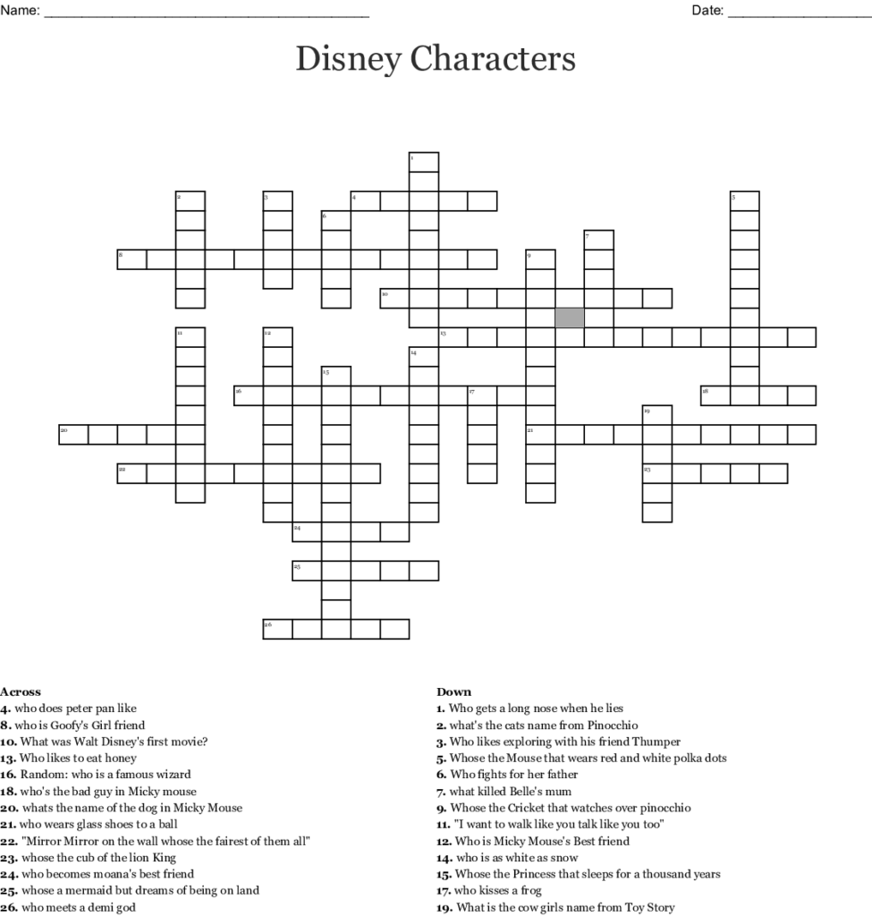 Disney Themed Crossword Puzzles Printable