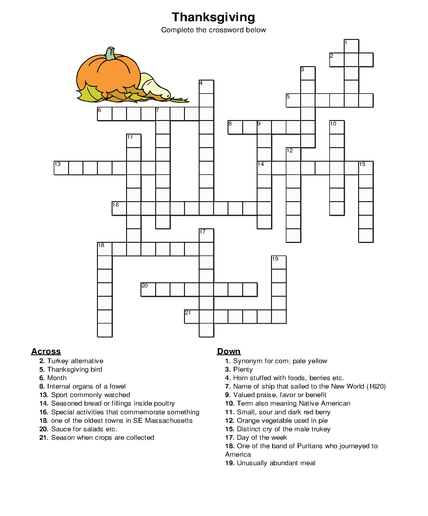 Thanksgiving Crossword Puzzle Printable High School