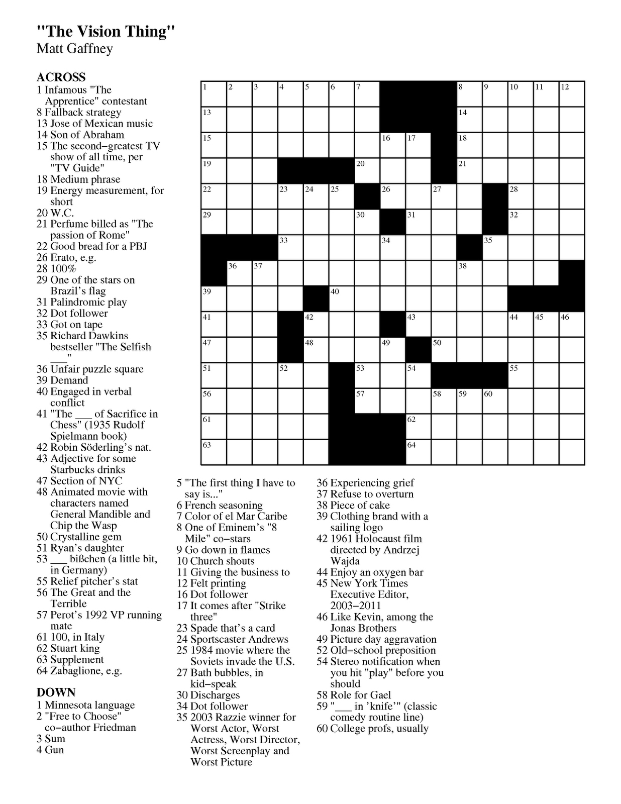 Entertainment Themed Printable Crossword Puzzles