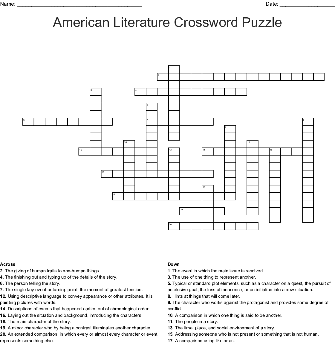 Printable Literary Terms Crossword Puzzles