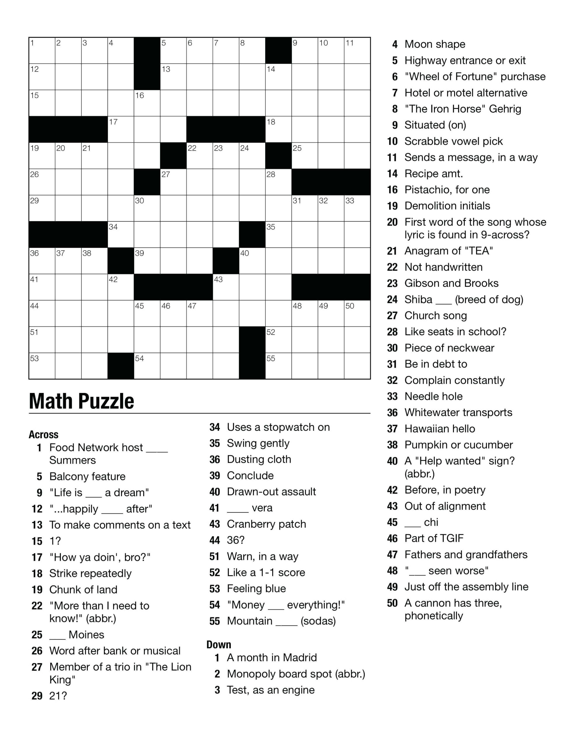 Math Terms Crossword Puzzle Printable