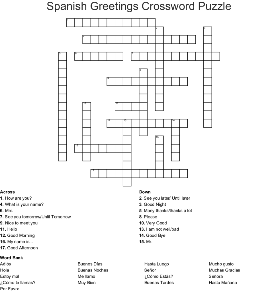Printable Spanish Crossword Puzzle Answers Printable