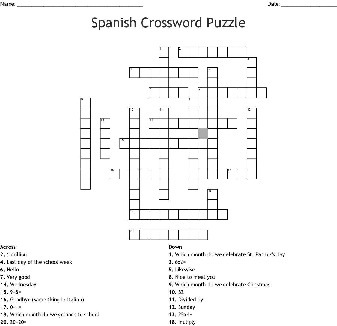Printable Spanish Food In Spanish Crossword Puzzle