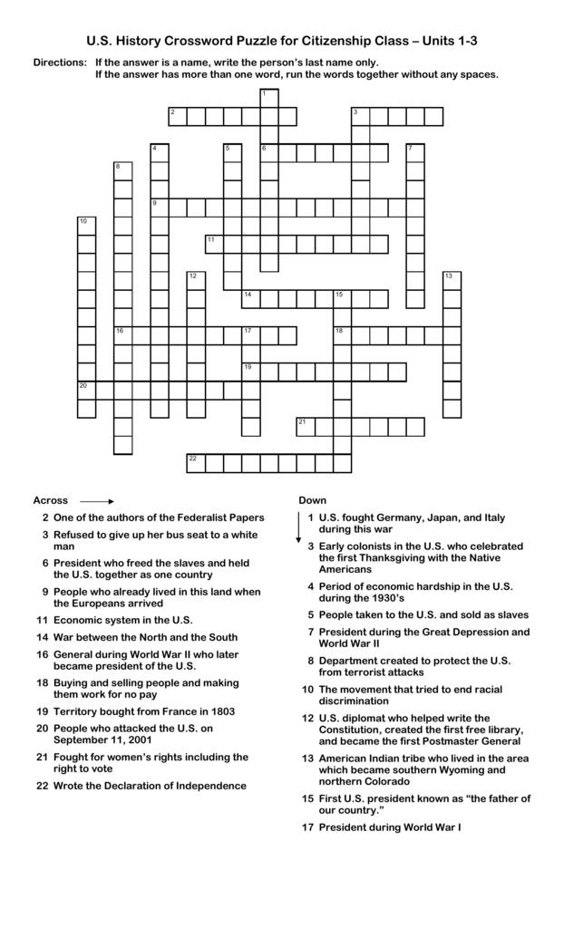 American History Crossword Puzzles Printable With Answers