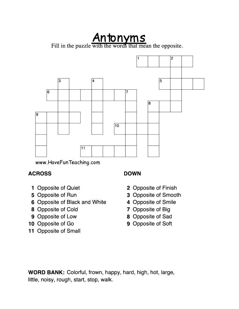 Printable Antonyms Crossword Puzzle