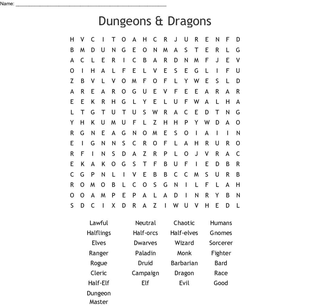 Roleplaying Games Crosswords Word Searches Bingo Cards
