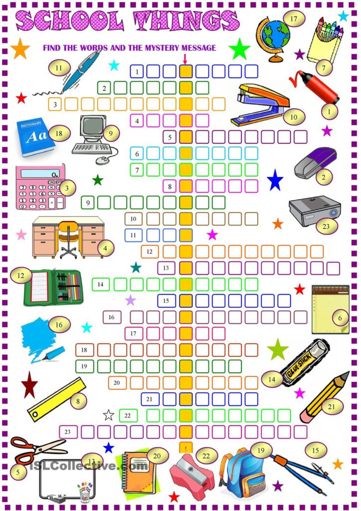 School Things Crossword Puzzle With Key English