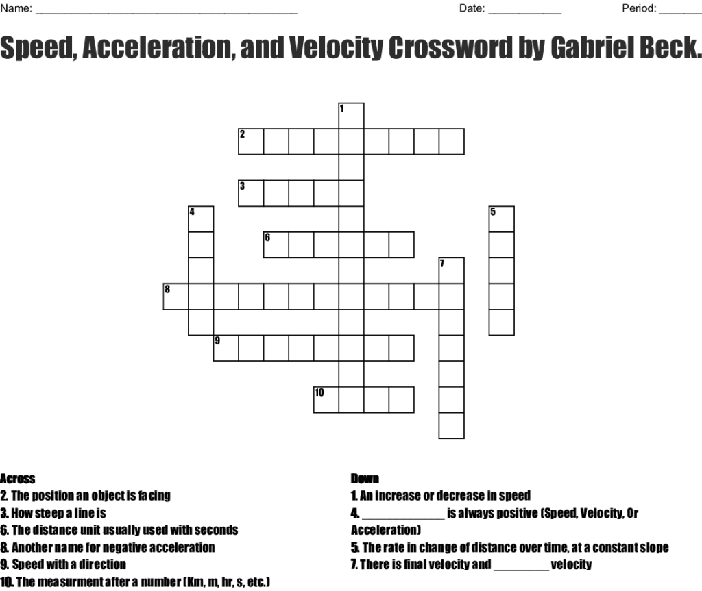 Speed Acceleration And Velocity Crosswordgabriel Beckett