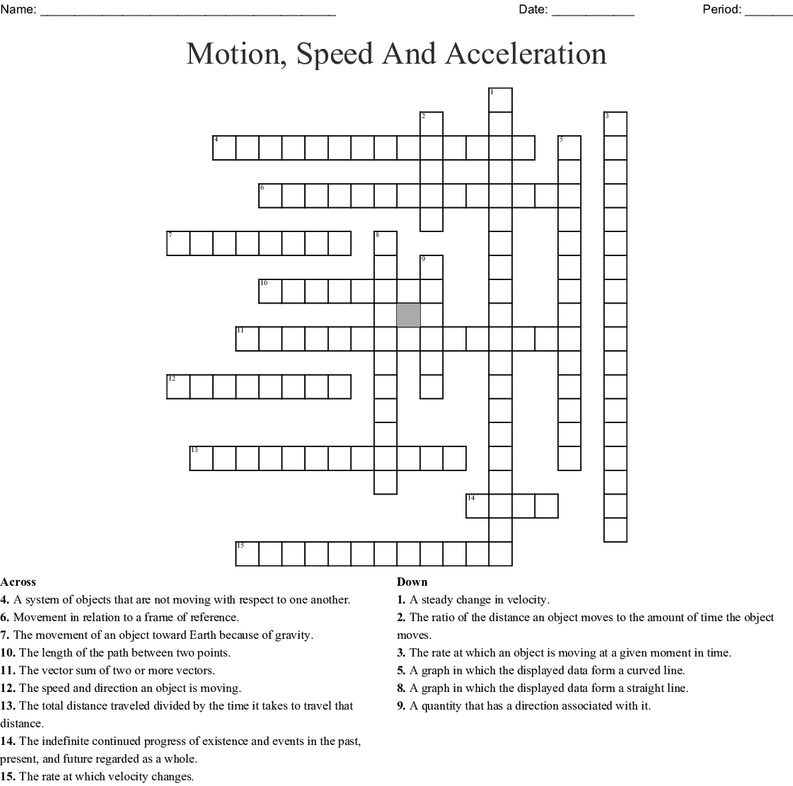 Crossword Puzzle On Speed Velocity And Acceleration Printable
