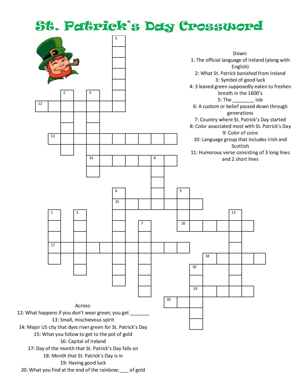 St Patrick's Day 2022 Crossword Puzzle Printable