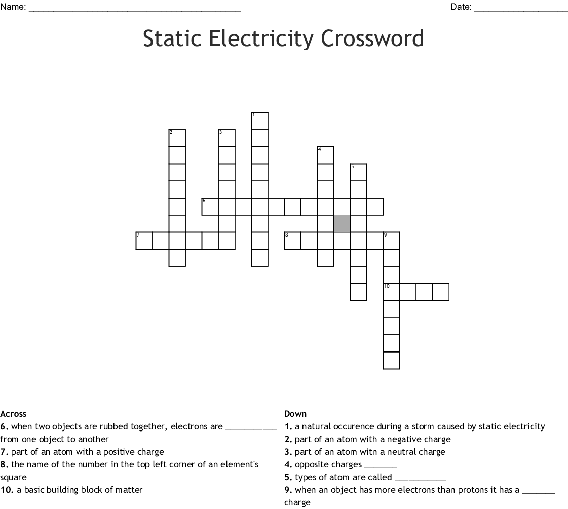 Printable Static Electricity Crossword Puzzle
