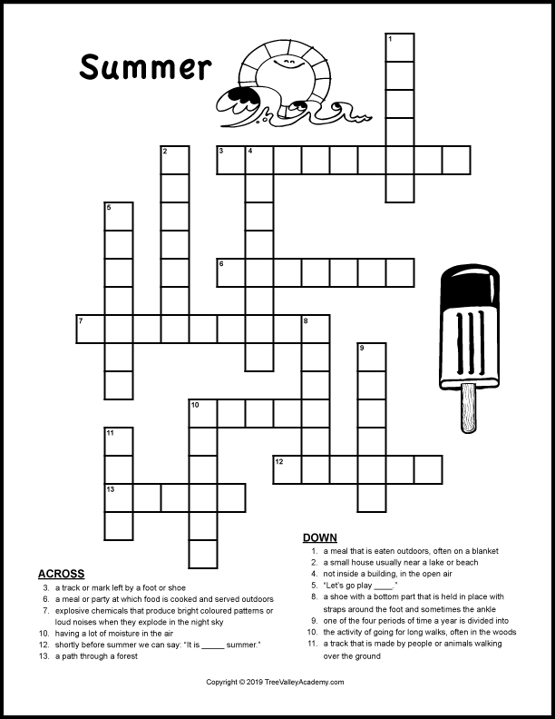 Summer Crossword Puzzle Printable 4th Grade
