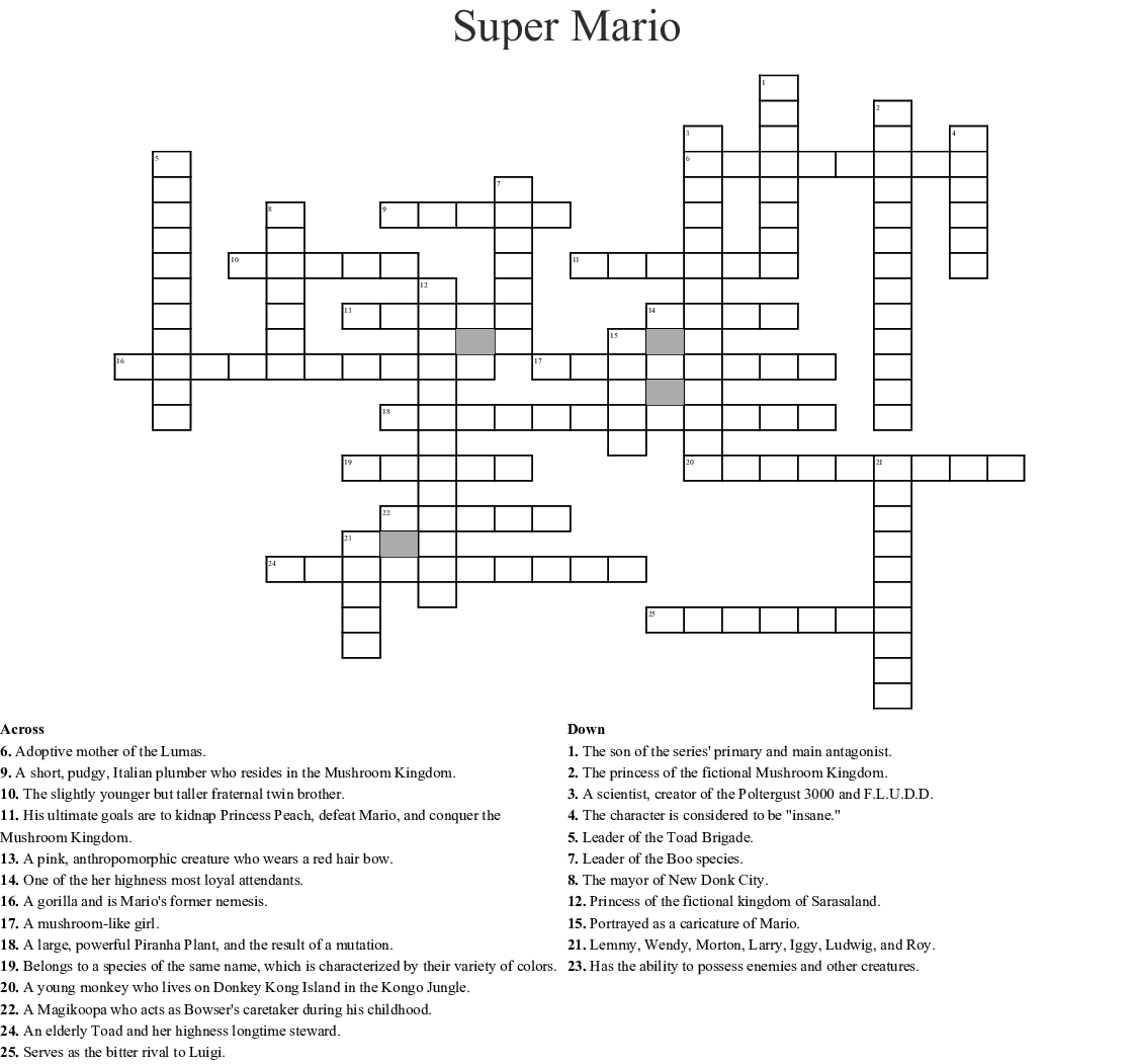 Super Mario Crossword Puzzles Free Printables